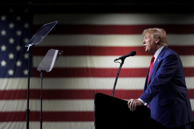 FILE - Former President Donald Trump speaks during a rally Sunday, Dec. 17, 2023,